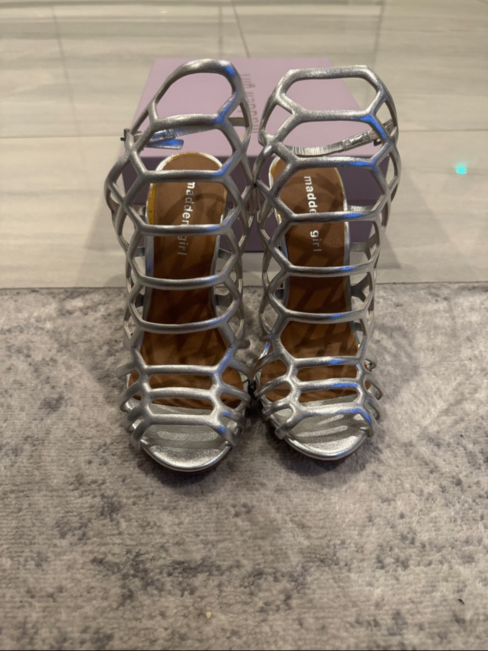 Madden Girl Metallic Silver Cage Strappy Heels